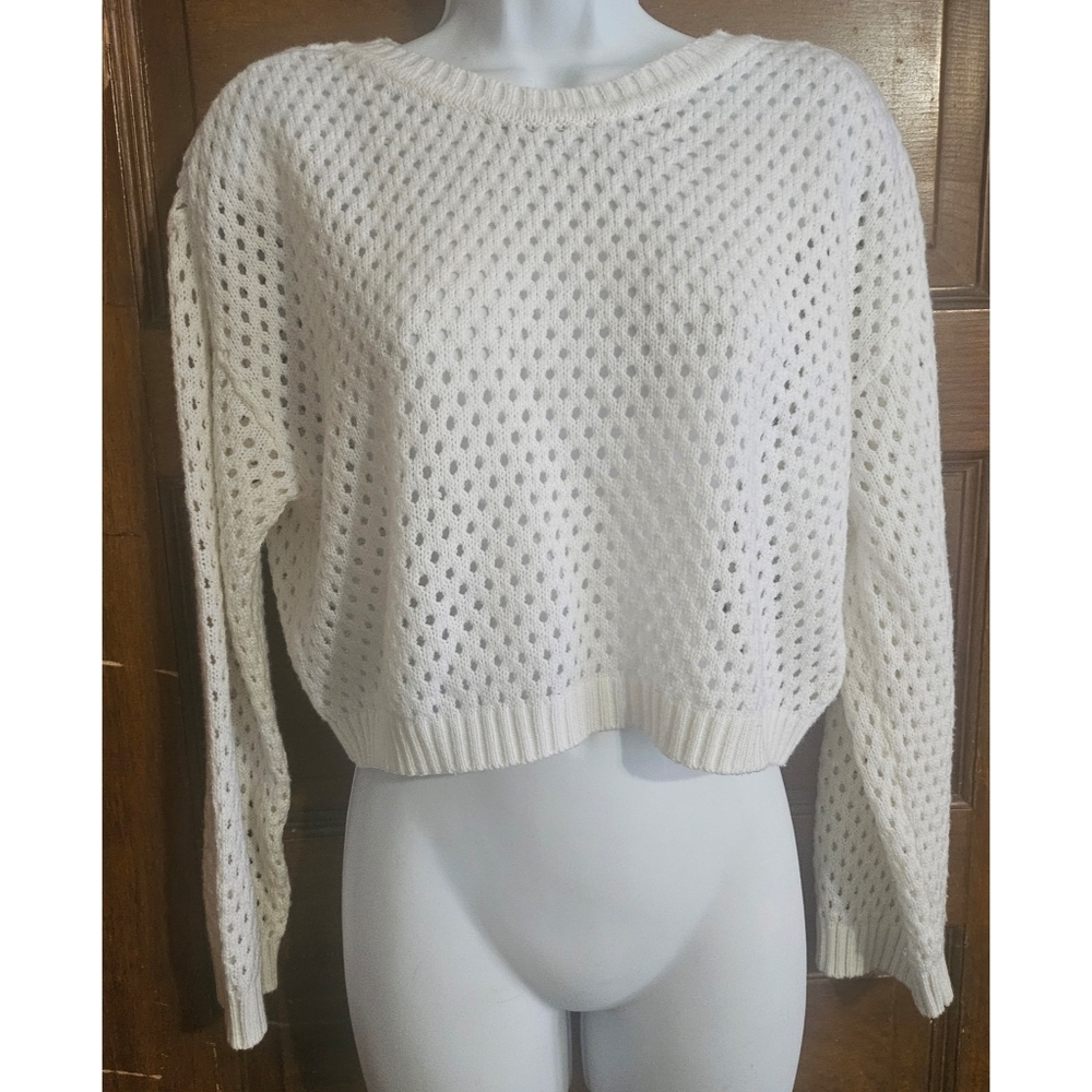 No Comment Open Knit Cropped Long Sleeve Off White Sweater - Picture 2 of 10